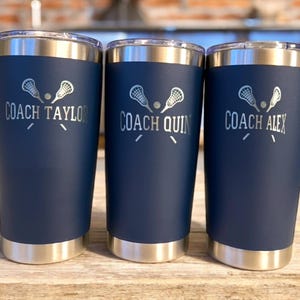 Custom Sports Team Gift Personalized Lacrosse Coach Appreciation Award Engraved YETI Tumbler Insulated Drinkware Men Athletic Trainer Thank You Present Premium Quality Stainless Steel Double Wall Vacuum Cup Hot Cold Beverage Holder Daily