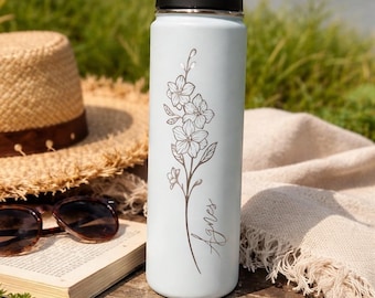 22 oz Personalized Birth Flower Water Bottle | Custom Engraved Name Bottle | Meaningful Gift for Mom, Grandma, Best Friend