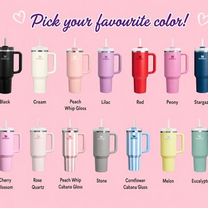 May include: A selection of insulated tumblers in various colors, including black, cream, red, and blue, with handles and straws. The text "Pick your favourite color!" is displayed above the tumblers.