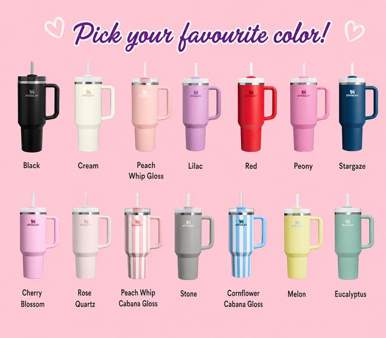 May include: A selection of insulated tumblers in various colors, including black, cream, red, and blue, with handles and straws. The text "Pick your favourite color!" is displayed above the tumblers.