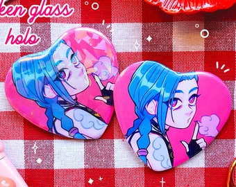 Jinx / Powder Heart Pin | Arcane Inspired League of Legends Pinback Button | Optional Holographic Available