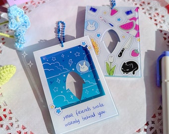 OMORI Polaroid Acrylic Card Holder | &quot;Your friends smile warmly behind you&quot; Poca Holder | Cute Anime and Kpop Idol Photocard Holder Keychain