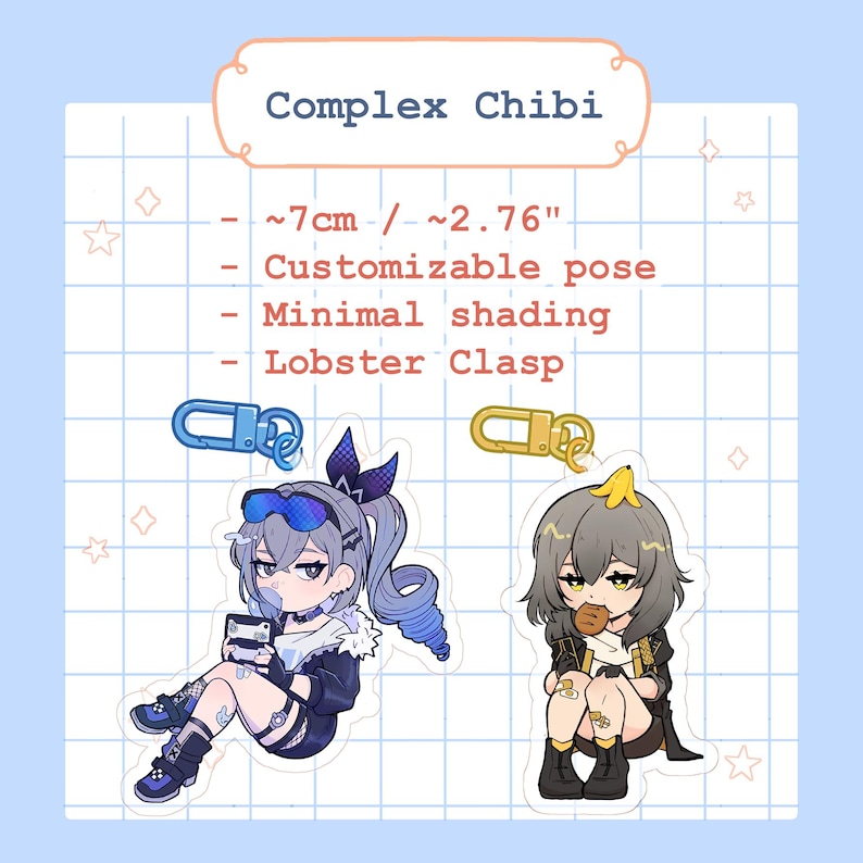K&ouml;nnte beinhalten: Zwei Complex Chibi-Anh&auml;nger aus Acryl, ca. 7 cm hoch, mit Karabinerverschl&uuml;ssen. Ein Anh&auml;nger zeigt eine Figur mit blauen Haaren und Sonnenbrille, der andere mit grauen Haaren und einer Banane. Der Text auf dem Bild lautet: "Complex Chibi".