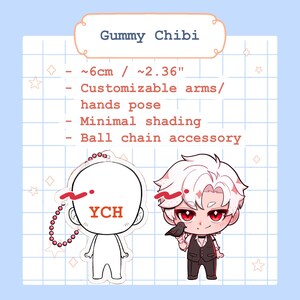K&ouml;nnte beinhalten: Ein Gummy Chibi-Design mit anpassbarer Pose, minimaler Schattierung und einem Kugelkettenzubeh&ouml;r. Das Design ist ca. 6 cm (2,36 Zoll) gro&szlig;. Das Bild enth&auml;lt einen fertigen Chibi-Charakter und eine leere YCH-Vorlage.