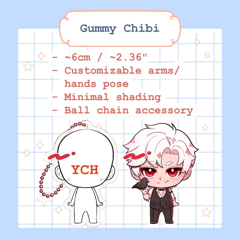 K&ouml;nnte beinhalten: Ein Gummy Chibi-Design mit anpassbarer Pose, minimaler Schattierung und einem Kugelkettenzubeh&ouml;r. Das Design ist ca. 6 cm (2,36 Zoll) gro&szlig;. Das Bild enth&auml;lt einen fertigen Chibi-Charakter und eine leere YCH-Vorlage.