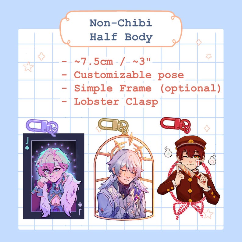 K&ouml;nnte beinhalten: Bild von drei Schl&uuml;sselanh&auml;ngern im Anime-Stil. Die Schl&uuml;sselanh&auml;nger zeigen farbenfrohe Charakterillustrationen mit Karabinerverschl&uuml;ssen. Der Text auf dem Bild lautet "Non-Chibi Half Body", "~7.5cm", "Customizable pose", "Simple Frame (optional)" und "Lobster Clasp".