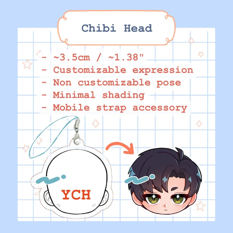K&ouml;nnte beinhalten: Chibi Head Handy-Schlaufen-Zubeh&ouml;r. Das Bild zeigt einen anpassbaren Ausdruck, eine nicht anpassbare Pose und minimale Schattierung. Der Kopf misst ca. 3,5 cm. Der Text "YCH" ist sichtbar.