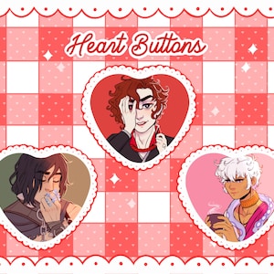 The Arcana Game Heart Button Pins | Julian Devorak, Muriel, Asra Heart Pinback Buttons / Badges with Optional Iridescent Holographic Finish