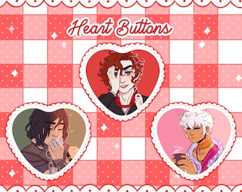 The Arcana Game Heart Button Pins | Julian Devorak, Muriel, Asra Heart Pinback Buttons / Badges with Optional Iridescent Holographic Finish