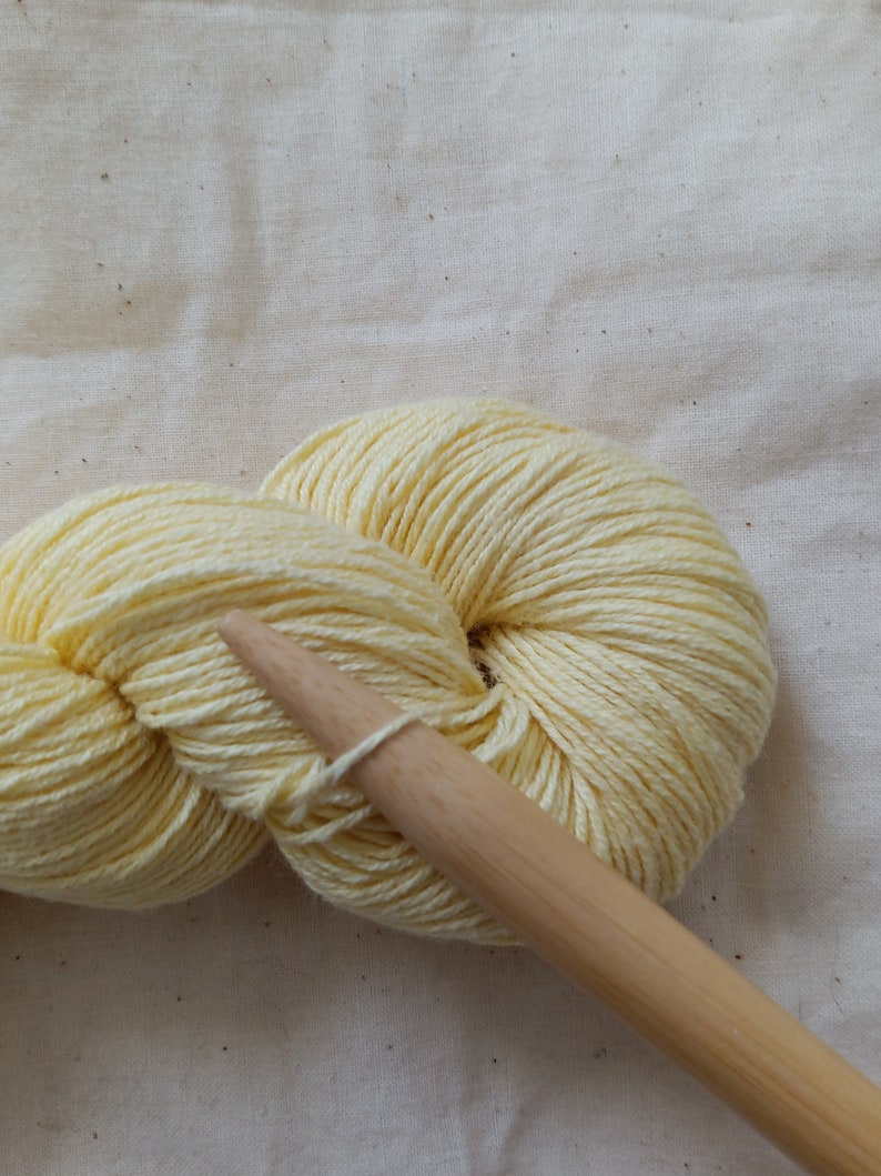 Cotton butter yellow reclaimed, recycled yarn in fingering, sock, baby, 4 ply weight. Zero-waste image 3