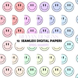 12 Groovy Retro Patterns, Retro Smiley Face Seamless Pattern, Smiley Retro Background, Printable Digital Paper, Retro Patterns, Happy Face