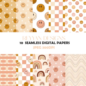 10 Groovy Retro Patterns, Retro Smiley Face Seamless Pattern, Flower Retro Background, Printable Digital Paper, Retro Patterns, Groovy