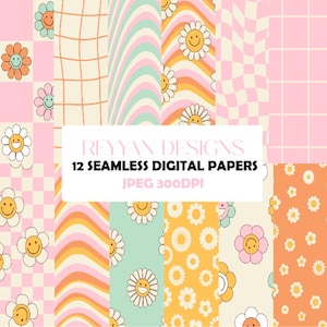 12 Groovy Retro Patterns, Retro Smiley Face Seamless Pattern, Flower Retro Background, Printable Digital Paper, Retro Patterns, Groovy