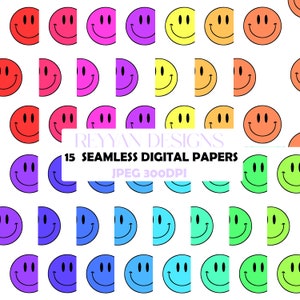 15 Groovy Retro Patterns, Retro Smiley Face Seamless Pattern, Smiley Retro Background, Printable Digital Paper, Retro Patterns, Happy Face