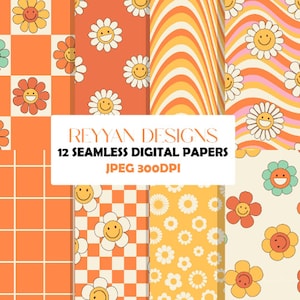 Groovy Retro Patterns, Retro Smiley Face Seamless Pattern, Flower Retro Background, Printable Digital Paper, Retro Patterns, Groovy