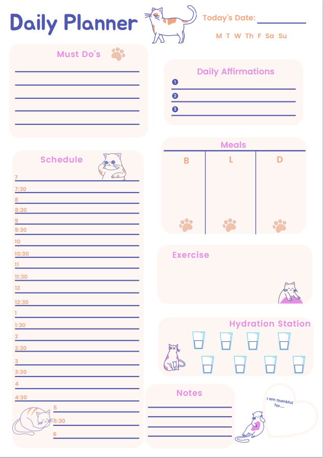 DAILY PLANNER Printable Cat Planner Digital Download Etsy