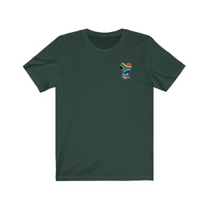 May include: A dark green t-shirt with a heart-shaped South African flag design and the text "South Africa" underneath.