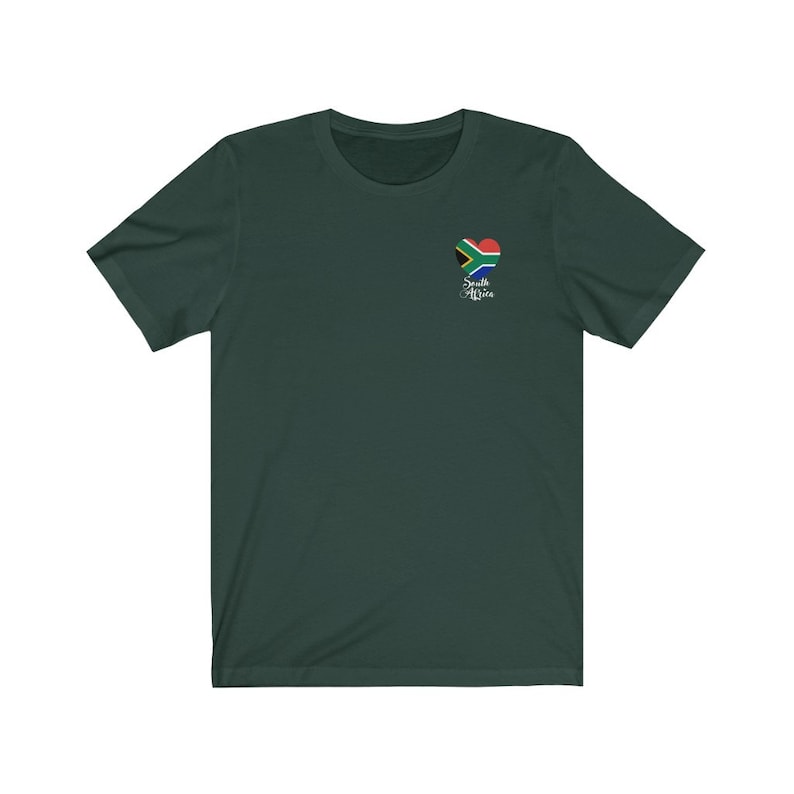 May include: A dark green t-shirt with a heart-shaped South African flag design and the text "South Africa" underneath.