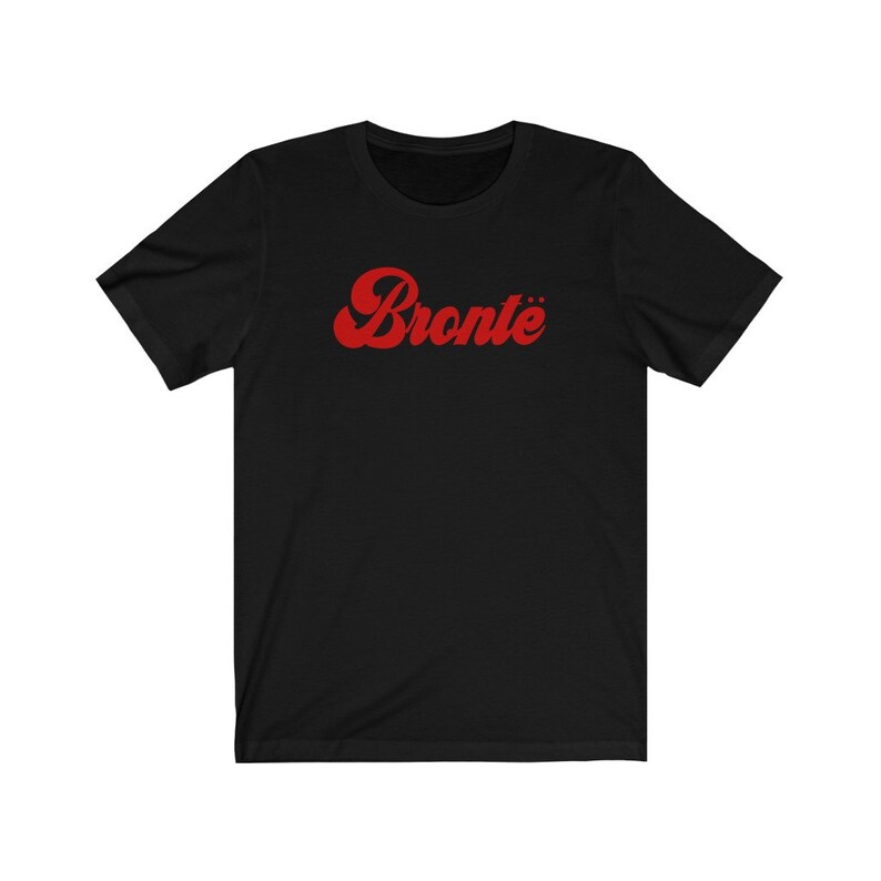 May include: Black t-shirt with a red "Bronte" graphic in a retro font.