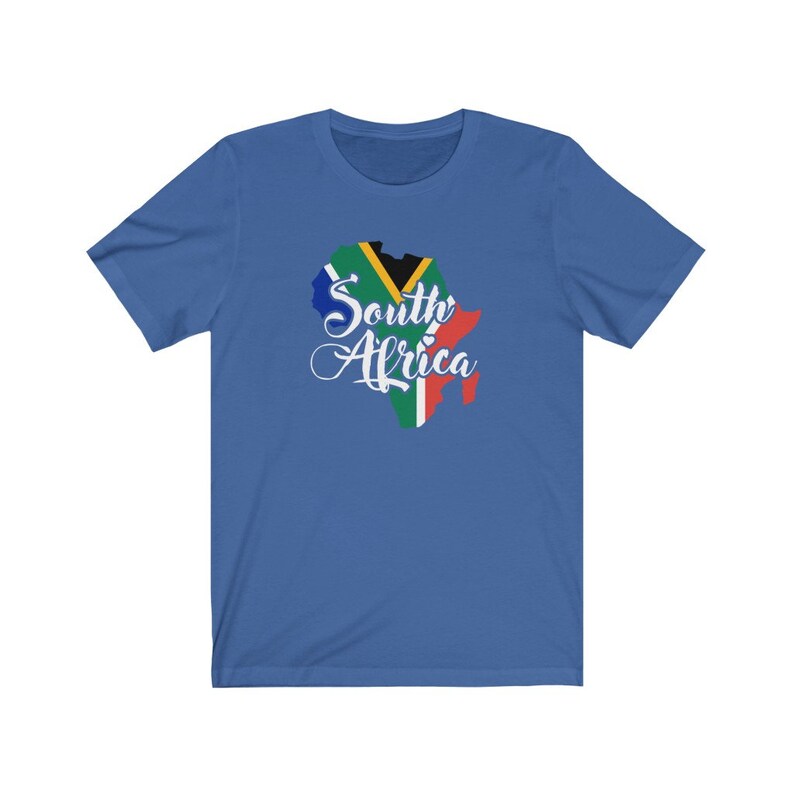 May include: A royal blue t-shirt with a white outline of the continent of Africa, filled with the colors of the South African flag. The text "South Africa" is written in white cursive script.