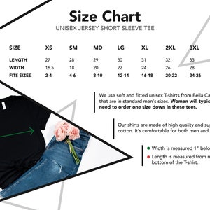 Puede incluir: Tabla de tallas para camisetas de manga corta unisex. La tabla muestra las tallas XS a 3XL con las medidas correspondientes en pulgadas para la longitud, el ancho y las tallas de ajuste sugeridas. La tabla tambi&eacute;n incluye informaci&oacute;n sobre la calidad y el ajuste de las camisetas.