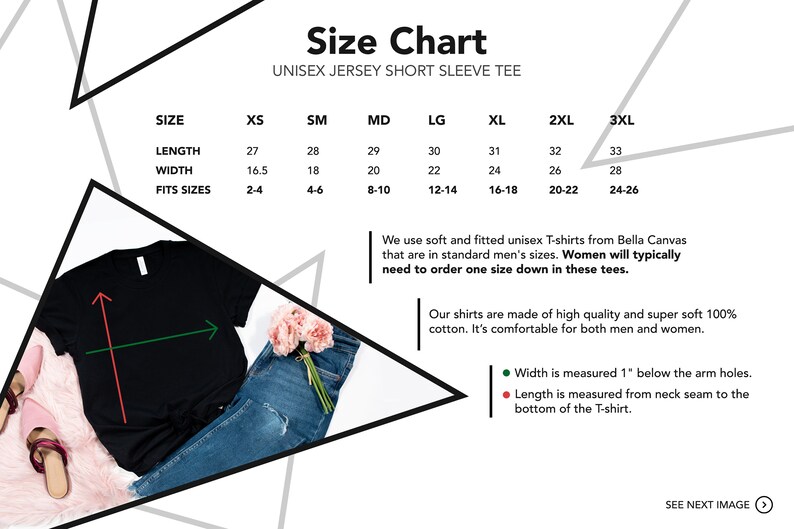 Puede incluir: Tabla de tallas para camisetas de manga corta unisex. La tabla muestra las tallas XS a 3XL con las medidas correspondientes en pulgadas para la longitud, el ancho y las tallas de ajuste sugeridas. La tabla tambi&eacute;n incluye informaci&oacute;n sobre la calidad y el ajuste de las camisetas.