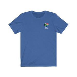 May include: A royal blue t-shirt with a small heart-shaped South African flag graphic and the text "South Africa" in white.