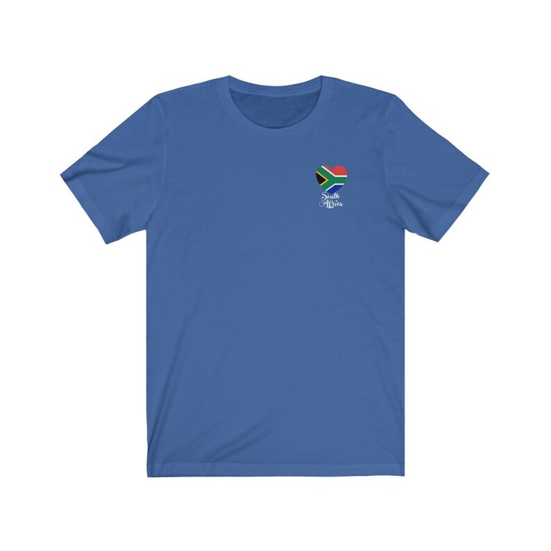 May include: A royal blue t-shirt with a small heart-shaped South African flag graphic and the text "South Africa" in white.