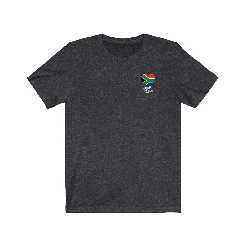 May include: Dark heather grey t-shirt with a small heart-shaped graphic of the South African flag and the text "South Africa".