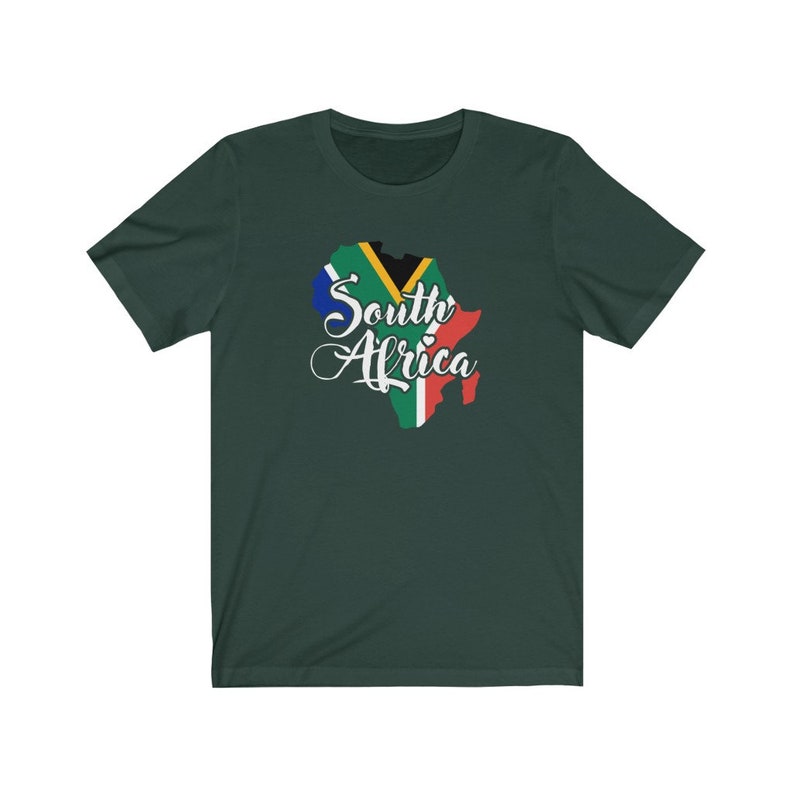 May include: A dark green t-shirt with a white outline of the continent of Africa. The outline is filled with the colors of the South African flag. The text "South Africa" is written in white cursive script.
