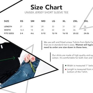 May include: Size chart for unisex short sleeve t-shirts. The chart shows sizes XS through 3XL with corresponding measurements for length and width in inches. The chart also includes the size range each t-shirt fits.  The chart is on a white background with a black and white triangle design.
