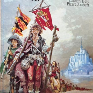 May include: Book cover illustration titled "Mont Saint Michel for children." The artwork depicts several figures with flags, walking towards a castle. The cover features text and illustrations in a vintage style.
