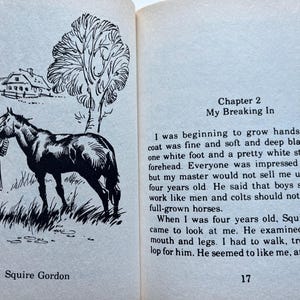 Op de afbeelding: Zwart-wit illustratie uit een boek met een paard en een persoon. Het paard is donker met een witte markering. De persoon draagt een jas. De tekst luidt "Squire Gordon" en "Hoofdstuk 2 My Breaking In".