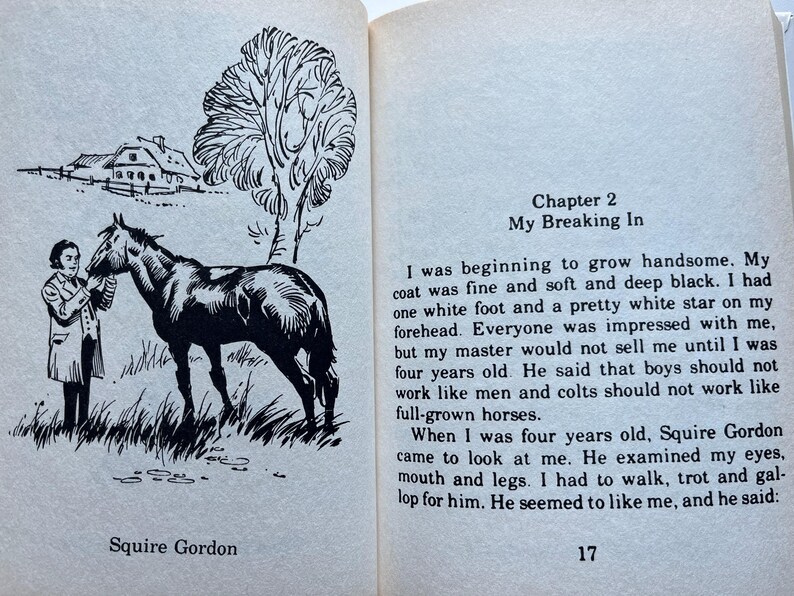 Op de afbeelding: Zwart-wit illustratie uit een boek met een paard en een persoon. Het paard is donker met een witte markering. De persoon draagt een jas. De tekst luidt "Squire Gordon" en "Hoofdstuk 2 My Breaking In".
