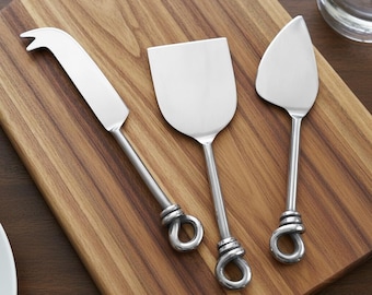 Cheese Knife Set w/ Storage Bag, Stainless Steel Charcuterie Knives, Hand-Crafted Cheese Knives Set of 3 - Hand Knotted or Hand Hammered