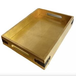 ハンドル付きゴールドサービングトレイ、ゴールドトレイ、ゴールドホイルサービングトレイ、バーカートトレイ 12インチ装飾トレイデコレーション 手作り木製トレイ ゴールドホイル付き