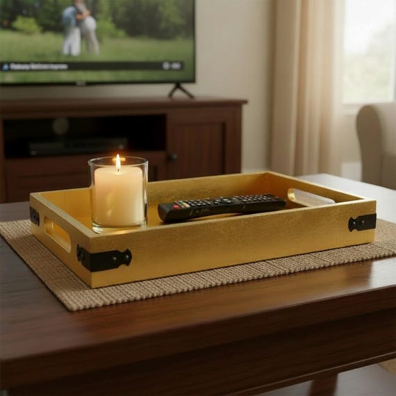 Gold Serving Tray with Handles, Gold Tray, Gold Foil Serving Tray, Bar Cart Tray 12" Decorative Tray Decor Handmade Wood Tray w/Gold Foil
