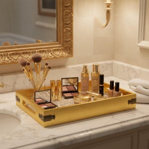 Gold Catch-All Tray, Wood Tray, Gold Tray Decorative Tray for Perfumes, Bar Cart or Ottoman Gold Decorative Tray, 12" Handmade Serving Tray