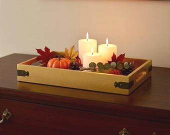 Ottoman Tray or Coffee Table Tray - 12.5" Hand-Crafted Wood Gold Decorative Tray Bar Cart Tray / Liquor Tray, Perfume Tray for Dresser