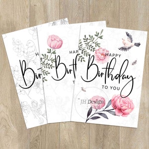 Elegantes tarjetas de cumpleaños con rosas rosas, 7x5 imprimibles, Digital