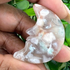 Flower Agate Moon Face - 1.5&quot; Pink Flower Agate Moon - Green Flower Agate Moon Carving - Sakura Agate Moon - Blossom Agate Crystal Moon Face