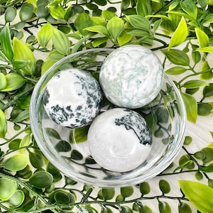 May include: Three green and white agate spheres in a clear glass bowl. The spheres are smooth and polished, with a swirling pattern of green and white.