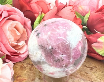 Pink Tourmaline Sphere - 2.4" Pink Tourmaline Crystal Ball - Gemmy Pink Tourmaline w. Lepidolite  Smoky Quartz - Pink Tourmaline Sphere Ball