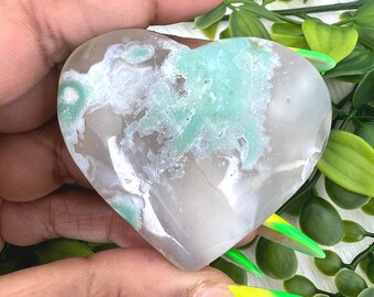 Green Flower Agate Heart - 45MM UNIQUE Green Flower Agate Heart - 54g Green Flower Agate Heart Healing - Flower Agate Crystal Heart Carving
