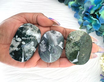 Moss Agate Palm Stone - UNIQUE Moss Agate Palmstone - High Quality Moss Agate Crystal Palm Stone - Polished Moss Agate Worry Stone - 3 Sizes