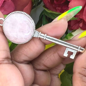 Rose Quartz Key - 2.5&quot; Quartz Key Carving - Rose Quartz Key Pendant Carving - Crystal Key Carving - Natural Rose Quartz Key Necklace Pendant