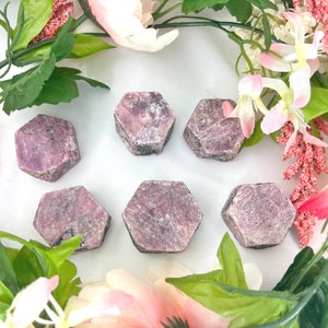 May include: Six pink ruby gemstone points, each with a hexagonal shape, are arranged on a white surface. The gemstones are surrounded by pink and white flowers.