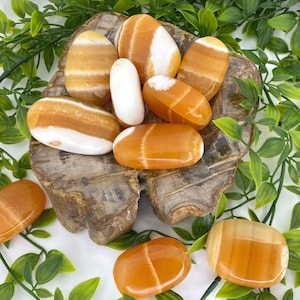 Orange Calcite Palm Stone - High Quality Orange Calcite Palmstone - Juicy Orange Calcite - Polished Banded Orange Calcite Stone - 3 Sizes