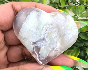 Green Flower Agate Heart - 45MM UNIQUE Green Flower Agate Heart - 48g Green Flower Agate Heart Healing - Flower Agate Crystal Heart Carving
