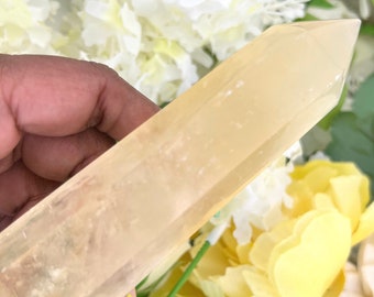 Honey Calcite Tower - 4.84" Natural Honey Calcite Generator - 6.5oz Honey Calcite Towers w/ Rainbows - Optical Golden Honey Amber Calcite